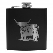 HF6 B HC - 6oz Matt Black Hip Flask Highland Cow